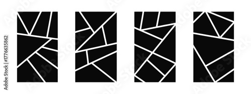 Four black vertical rectangles with white abstract geometric line patterns on a white background vector