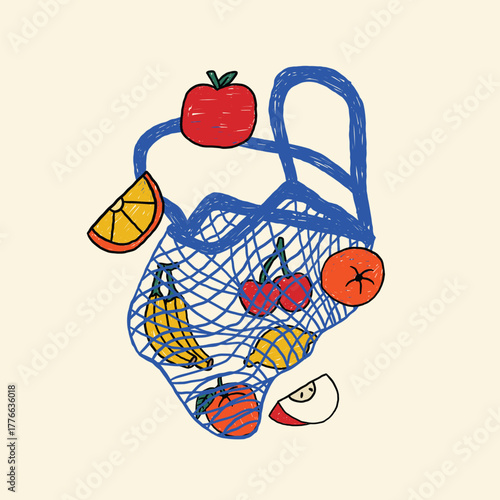 hand drawn mesh shopping bag fruit scribble illustration