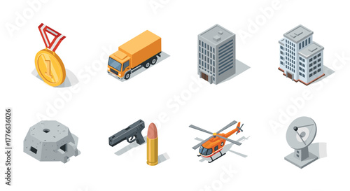 Isometric military and urban icons set with medal, truck, buildings, and weapons