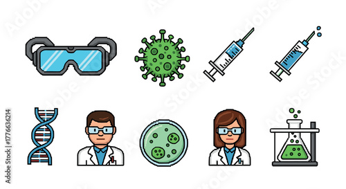 Colorful pixel art science icons featuring scientists, dna, and lab equipment