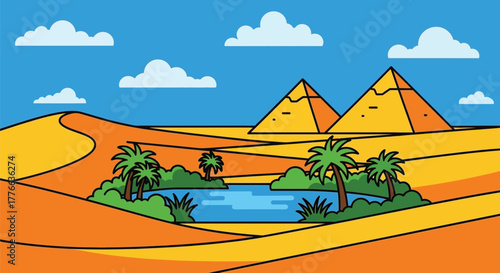 Desert pyramids oasis egypt landscape cartoon sand dunes travel trip