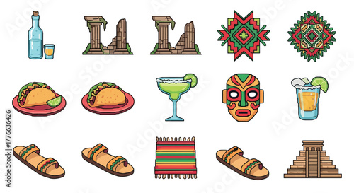 Colorful mexican theme set with iconic items and traditional patterns
