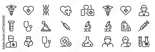 Health and medicine line icons including stethoscope syringe pill hospital first aid healthcare research and medical tools