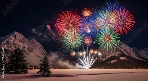 Colorful fireworks exploding over snowy mountains and winter landscape