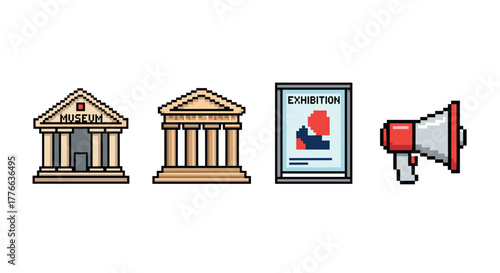 Pixel art museum icons buildings, exhibition poster, megaphone