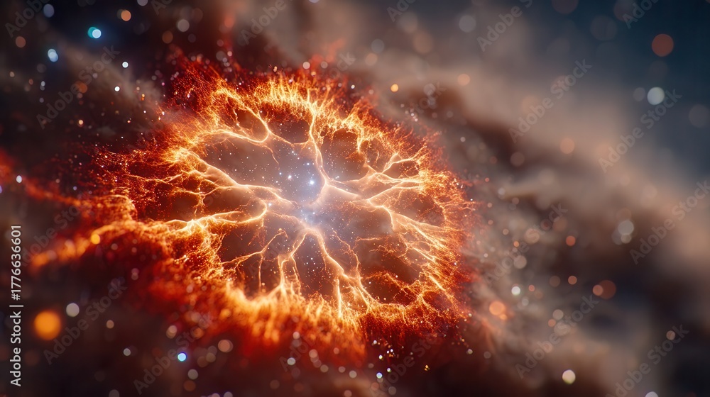 Fototapeta premium Stunning cosmic nebula ablaze with vibrant celestial energy and shimmering stardust, a breathtaking view of the universe's power and beauty.