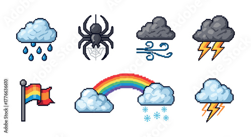 Pixel art weather icons clouds, thunderstorms, rainbow, and wind with spider surprise