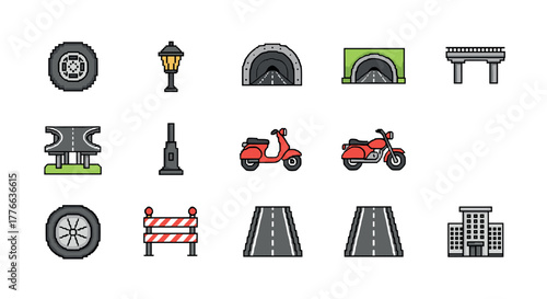 Pixel art transportation icons roads, tunnels, and vehicles