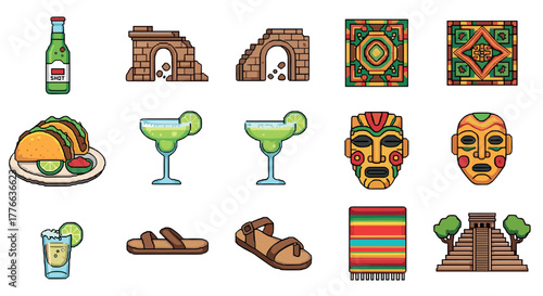 Colorful mexican icon set featuring traditional food, drinks, and cultural elements in pixel art style