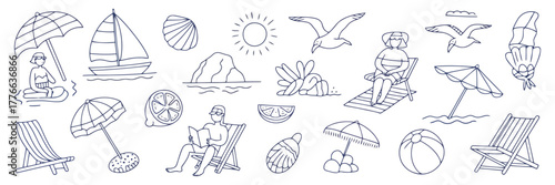 Hand Drawn Line Art Illustrations of Beach Scenes and People Keywords: beach, summer, vacation, hand drawn, line art, illustration, people, man