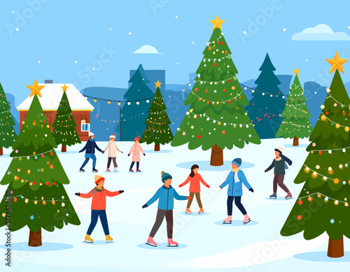 Festive Ice Skating Scene with Christmas Trees and People in a Winter Wonderland