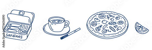 Hand drawn line art of open sardines can coffee cup cigarette and pizza on white background Keywords: sardines, canned fish, seafood, coffee