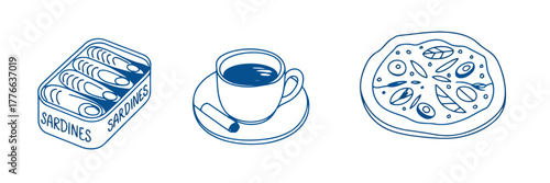 Hand drawn line art of sardines coffee cup and pizza on white background Keywords: sardines, canned fish, seafood, coffee, cup, saucer