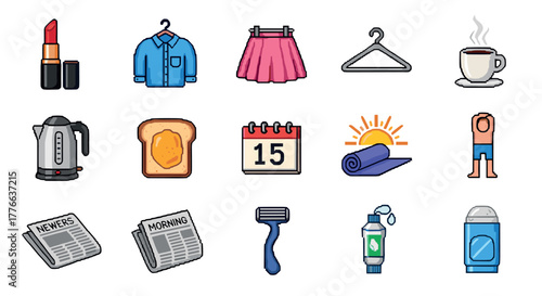 Retro pixel art icons daily life essentials including fashion, fitness, and home