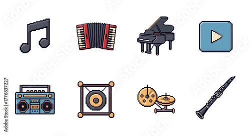 Pixel art music icons instruments and play button collection