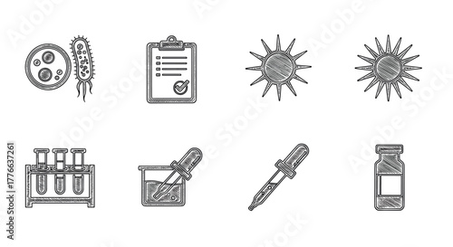 Laboratory equipment and microbiology sketch icons for science projects