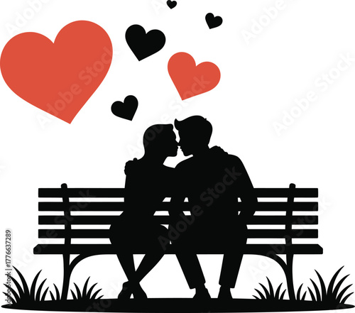 Couple silhouette on bench with hearts love