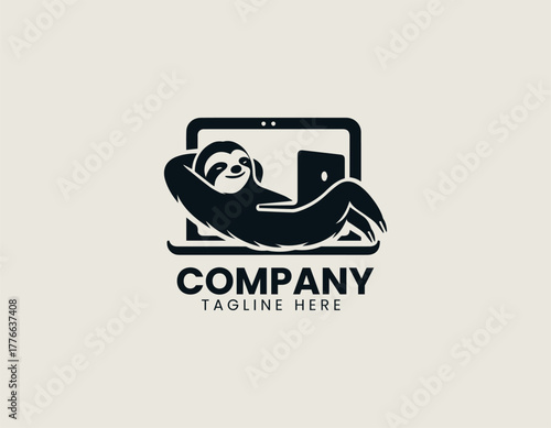 Funny lazy sloth black vector logo illustration