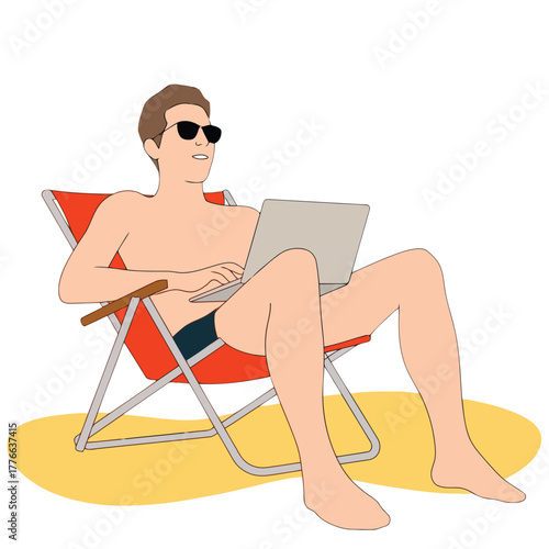 Man in sunglasses wearing swim trunks relaxing in a beach chair with a laptop Keywords: man, male, person, beach, chair, laptop, computer