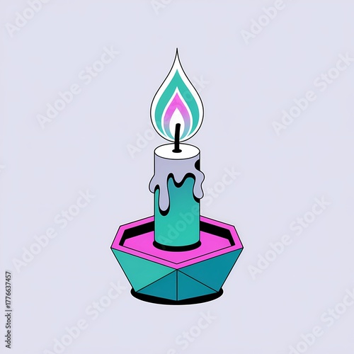Glowing Digital Christmas Lantern Candle with Holographic Wick Flat Vector