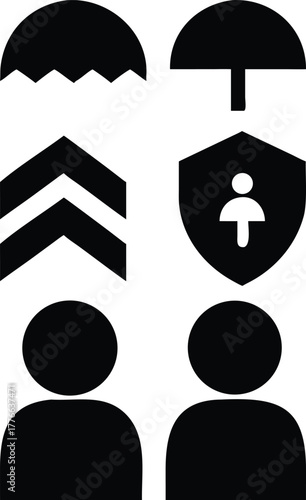 Collection of black icons representing security protection safety and personal care concepts