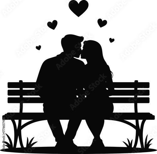 Couple kissing on bench with hearts love