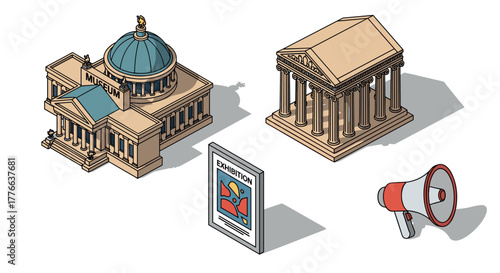 Isometric cultural icons museum, ancient temple, art poster, megaphone