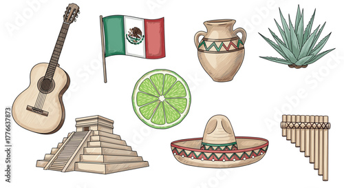 Mexican culture icons guitar, flag, pyramid, cactus, hat, vase, lime