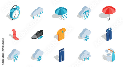 Weather and clothing isometric icons featuring rain, snow, and accessories