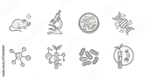 Hand drawn science icons dna, microscope, bacteria, molecule, rat, petri dish, test tube