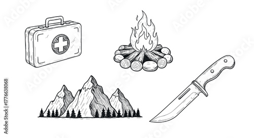 Handdrawn camping adventure elements first aid, fire, mountains, knife