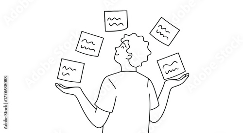 Person juggling sticky notes with wavy lines on white background paper