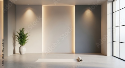 Yoga studio with mat, plant, minimalist design and large window light