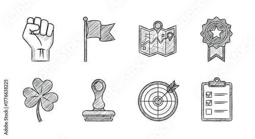 Hand drawn icon set maps, flags, badges, and more in sketch style