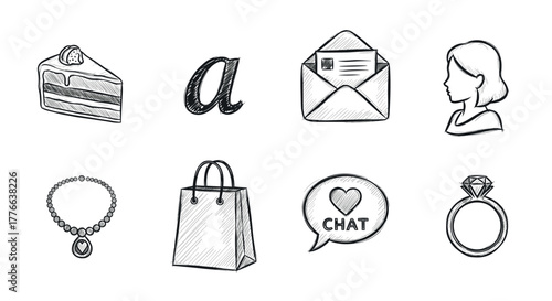 Hand drawn icon set food, fashion, communication elements in black and white