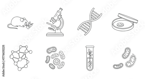 Scientific research icons linear style set featuring microscope, dna, molecule, test tube, bacteria, and mouse