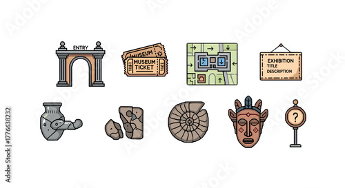 Museum elements set tickets, map, artifacts, and displays in retro style