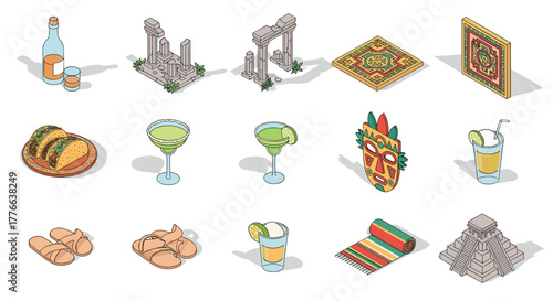 Mexican culture isometric icons featuring landmarks, cuisine, and traditions