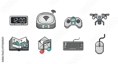 Pixel art technology icons featuring gadgets and devices in retro style