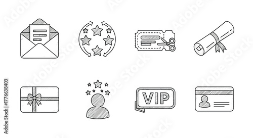 Set of linear icons email, loyalty program, coupon ticket, diploma, gift, vip, id card