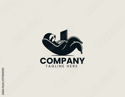 Funny lazy sloth black vector logo illustration