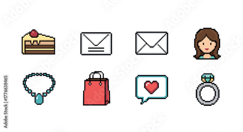 Pixel art icons cake, email, woman, jewelry, shopping, love, ring