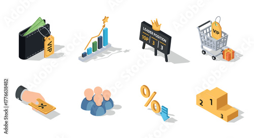 Isometric business and finance icons collection with graphs and shopping cart