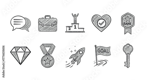 Scribble icons of success and achievement rocket, medal, diamond, goal, more
