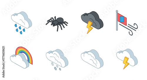 Isometric weather and nature symbols including cloud, lightning, and rainbow icons
