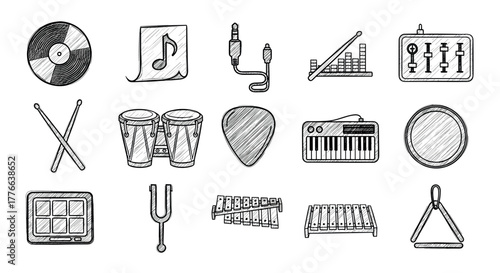 Hand drawn music icons collection featuring instruments and audio equipment