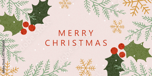 Merry Christmas greeting banner, card, poster, and cover. Vector Christmas design with hand-drawn red holly berries, fir branches, and snowflakes.
