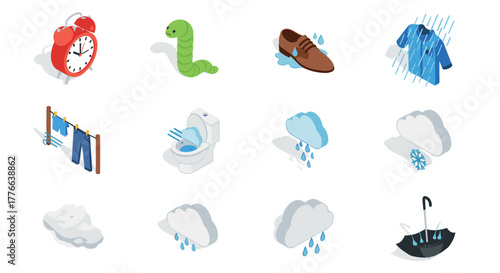 Isometric weather and clothing objects with cute elements and red clock