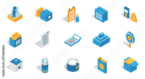 Isometric icon set of office supplies and business essentials in blue and yellow