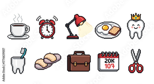 Pixel art icons of daily objects including coffee, lamp, and calendar